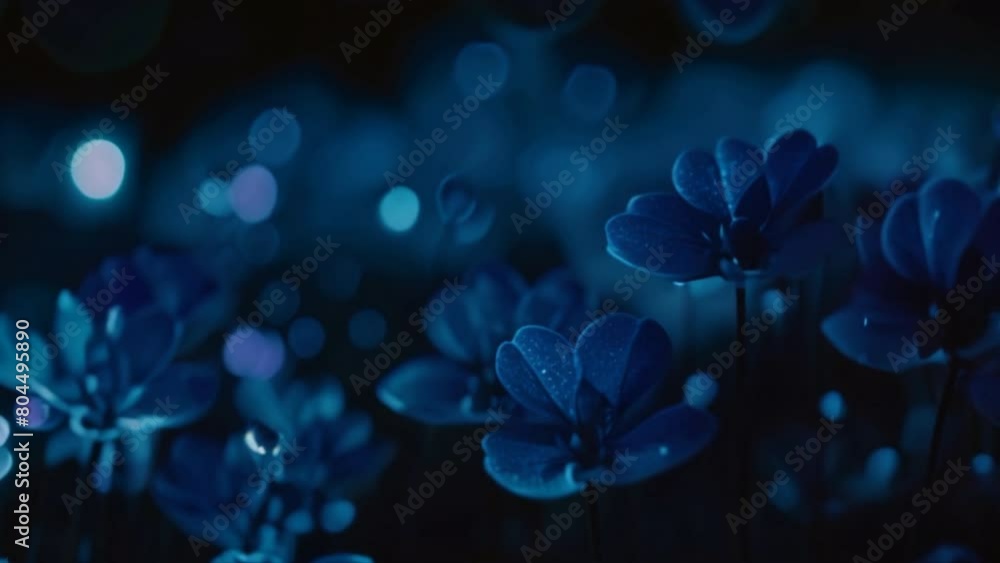 Poster cluster of tiny blue lights against a dark, out-of-focus background. the lights are glowing brightly
