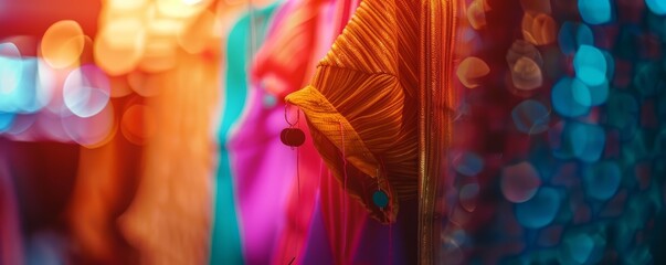A rack of brightly colored clothes hangs in a store