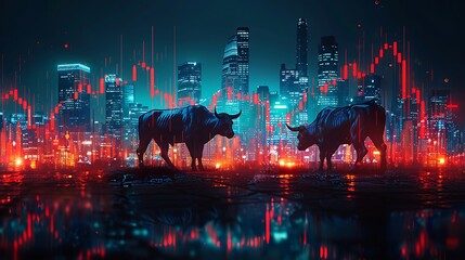 Illustrate a dramatic scene with the silhouettes of a bullish and a bearish figure towering over a cityscape, with the skyline morphing into stock market charts.