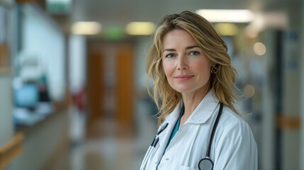 Confident female doctor with a stethoscope smiling in a hospital corridor