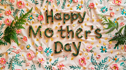 Happy Mother's Day embellished with vibrant floral motifs, graceful greenery, and gleaming gold embellishments on a soft vanilla background.