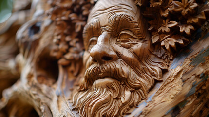 A masterfully carved wooden sculpture of an elderly man's face, detailed with deep lines and expressive eyes