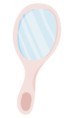 Pink hand mirror in flat design. Vintage reflection accessory for makeup. Vector illustration isolated.