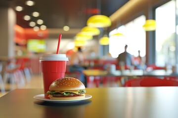 A colorful table with a colorful cup and a colorful hamburger