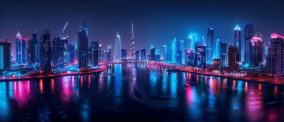 A stunning view of a futuristic city at night. The city is full of skyscrapers and lights, and the river running through it reflects the colors of the city.