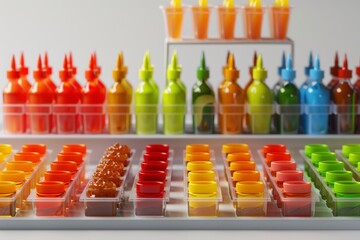 A colorful display of condiments and sauces, including a variety of green