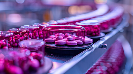 A vibrant, close-up view of pink pharmaceutical pills on a production line, illuminated by soft, purple lightin