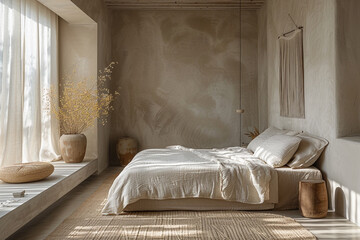 Minimalist bedroom decor featuring clean lines and soothing pastel tones.