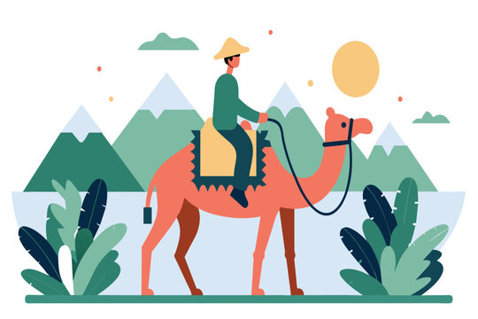 A traveler on camelback journeys through a tranquil desert scene