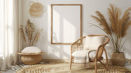 A tranquil boho-style room with a woven chair, pampas grass, and decorative items, warmly lit by soft sunlight