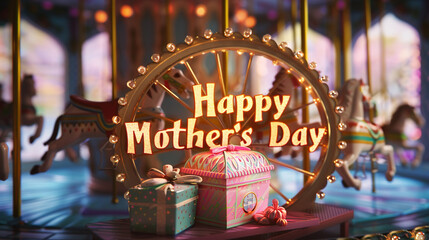 Happy Mother's Day on a carnival ferris wheel background with a pastel carousel gift box. Shiny text word colors.