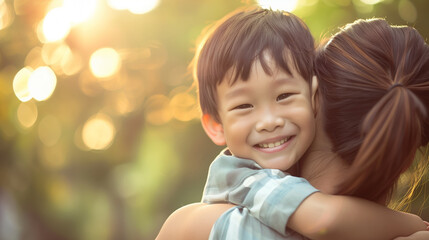 A joyful Asian boy hugs his mother tightly, sharing a loving smile amidst a sunlit backdrop