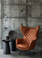 A leather armchair with diamond quilted texture, placed against an industrial concrete wall.