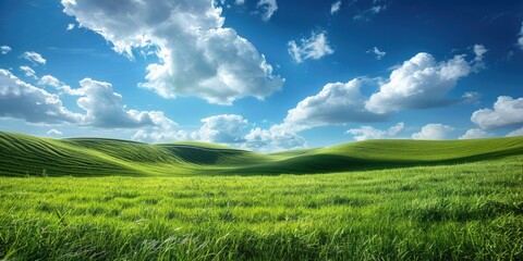 Fototapeta premium Tranquil beauty of springtime nature in peaceful countryside landscape. Green grass, blue sky, white clouds, rolling hills