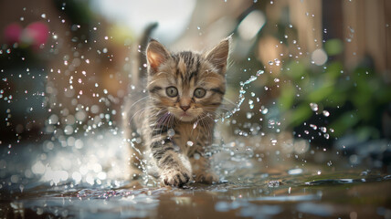Wet kitten playing with water