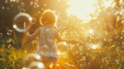 A joyful child chases glowing soap bubbles in a sunlit meadow, embodying pure happiness and freedom - obrazy, fototapety, plakaty