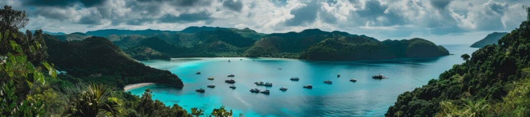 Panoramic View of Serene Tropical Bay with Boats and Lush Greenery