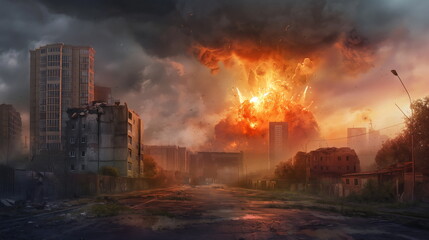 Nuclear warfare, large explosion rips through a city, causing destruction and chaos in its wake