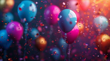 A dynamic and colorful image capturing balloons surrounded by a flurry of red and blue confetti, perfect for illustrating celebrations, parties, and festive events,celebration concept