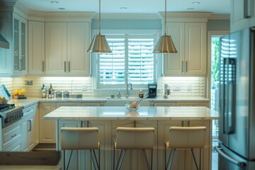 Fototapeta premium Modern Kitchen Interior with Elegant Pendant Lighting and Marble Countertop