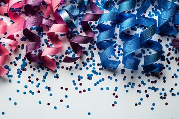 colorful celebration background featuring scattered confetti and ribbons in shades of blue, red, and pink, perfect for party themes, festive occasions, and joyful announcements,celebration concept