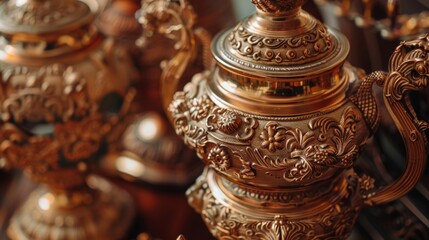 A statement centerpiece of intricately carved samovars traditionally used for heating water and brewing tea. - obrazy, fototapety, plakaty