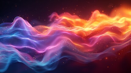 Illustrate the fluid dynamics of financial markets with waves in a spectrum of colors, each wave turning into a line graph or bar chart at the crest, showcasing the volatility.