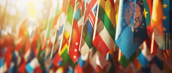 A beautiful and inspiring image of flags from many nations blowing in the wind. The flags are a symbol of the diversity and unity of the world.