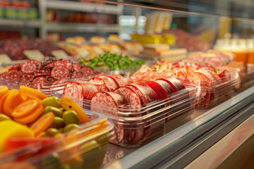 A display of meat and vegetables in a grocery store
