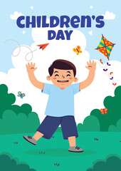 Happy children's day background poster with happy kids vector illustration