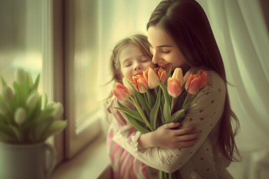 The little daughter hugs her mother and gives her a bouquet of flowers, mothers day, love