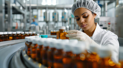 Pharmaceutical scientist meticulously inspects medication bottles in a sterile factory setting