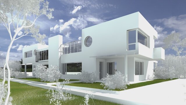 Modellazione e render 3D di edificio residenziale e modello bianco