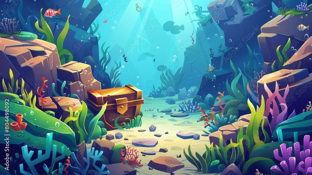 Wall mural underwater seafloor scene with treasure chest. cartoon game background ocean underwater world with f