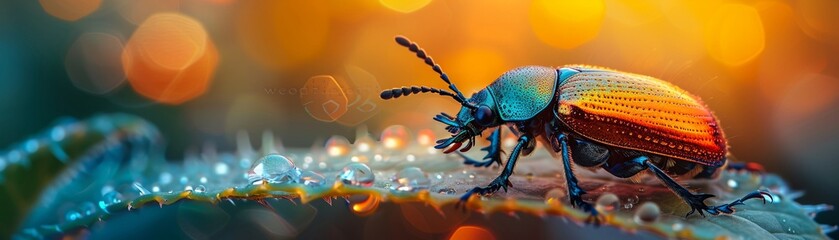 A close-up of a beetle on a green leaf, with sunlight filtering through in the background