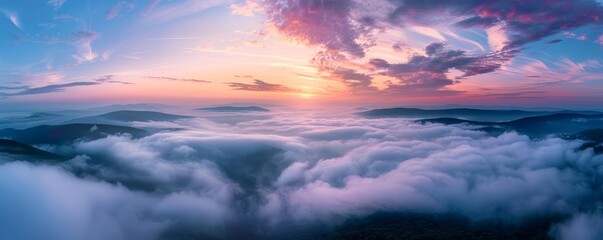 Generate me an epic fantasy landscape. I want to see a mountain range in the distance with a beautiful sunset over the clouds. Make it look like a painting.