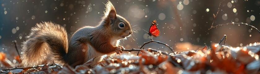 Fototapeta premium A playful vibrant fantasy pet a squirrel with butterfly wings and sparkling fur set against a clear simple background great for childrens educational content with text