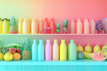 A colorful shelf with many bottles and fruits
