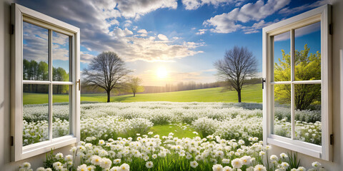 Fototapeta premium The open windows reveal a tranquil landscape bathed in the warm light of the setting sun. Beneath a wide sky, a field of white flowers invites the viewer into the tranquillity of nature.AI generated.