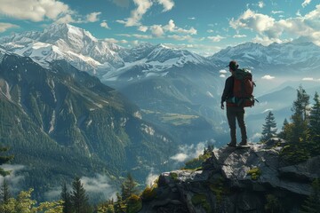 Obraz premium A lone hiker stands on a mountaintop, looking out at theZhuang Li De Jing Se