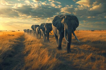 A majestic herd of elephants marches across the savanna at sunset