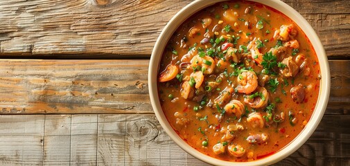 A bowl of crawfish etouffee over a clean wooden backdrop, copy space generative ai