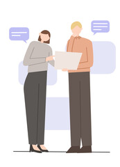 Obraz premium Two people holding laptop discussing for solving some problem at their work in business vector.