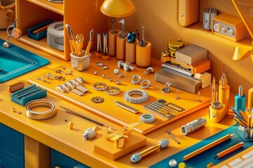 A table with many pieces of jewelry and tools on it - obrazy, fototapety, plakaty