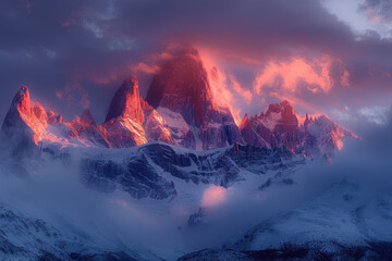 photorealistic image of snowcapped mountains with red glow in the peaks, against an evening sky. Created with Ai