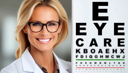 Extreme close-up of a professional smiling female optician or optometrist, looking at camera near an eye exam chart with letters. Eye care concept. Generative Ai.