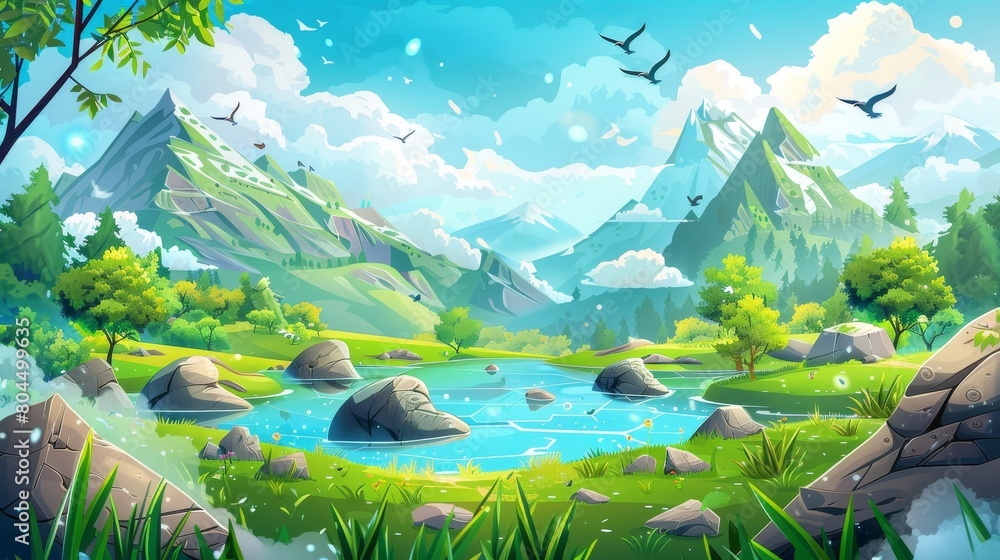 Wall mural panoramic landscape with mountains and a blue crystal pond or lake, birds in the sky, fluffy clouds  - Wall murals