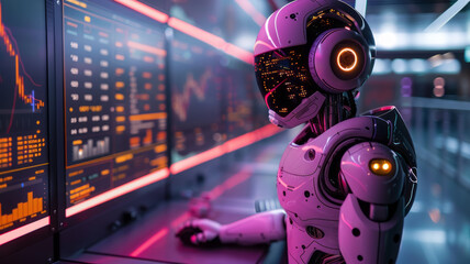 Fototapeta premium an artificial inteligence representation of a robot stading in front of a computer with a crypto chart opened on the screen,generative ai
