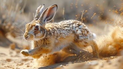 Obraz premium A jackrabbit darting through the desert, bursts of speed in wide-open spaces. Photorealistic. HD.
