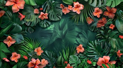 Naklejka premium A lush tropical paradise with vibrant red hibiscus flowers and lush green leaves. Perfect for a relaxing and peaceful atmosphere.